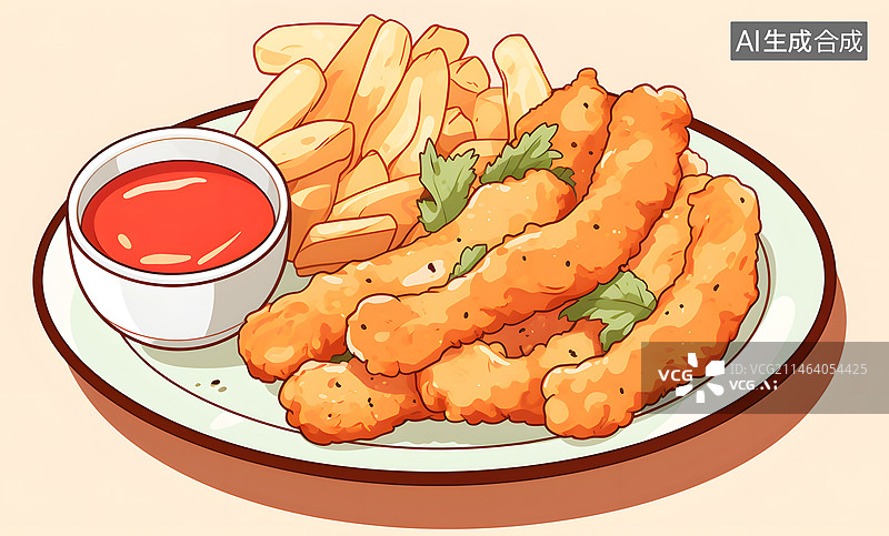 【AI数字艺术】AIGC:薯条和炸鸡柳、小酥肉的拼盘。小吃 美食 快餐 饮食 食物图片素材