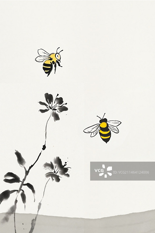 蜜蜂花朵春天国画意境水墨写意唯美插画竖版留白图片素材