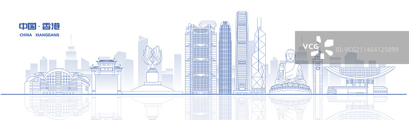 香港城市地标建筑蓝色线稿矢量插画海报图片素材