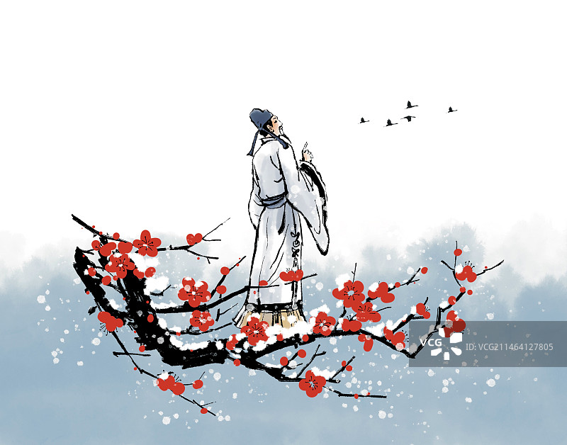 国风诗人唐代背影远望水墨梅花冬季花卉腊梅插图插画元素图片素材