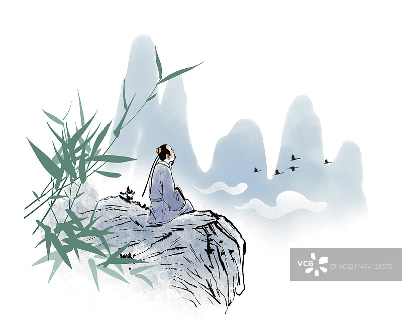 水墨风格唐代诗人背影远望山川小桥竹子图片素材