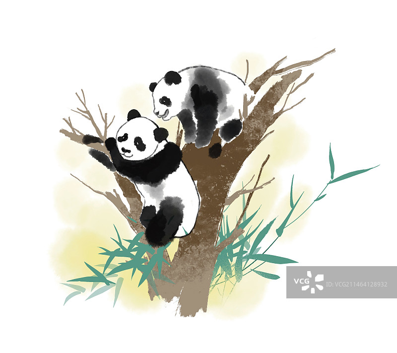 水墨风动物国宝熊猫爬树玩耍睡觉竹子手绘插图插画图片素材