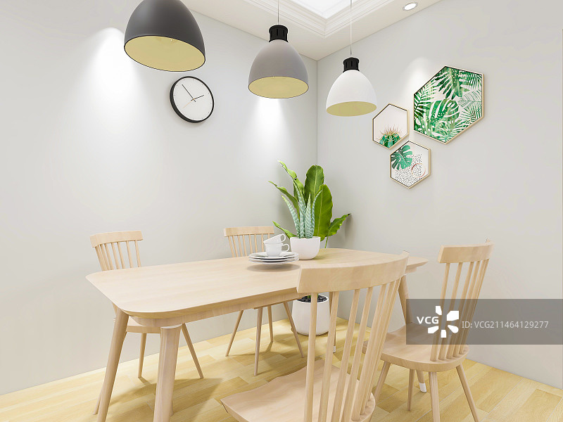 北欧木制风格的餐厅设计，有原木的餐桌和椅子图片素材