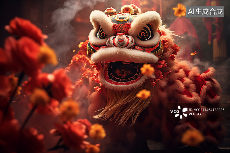 【AI数字艺术】舞狮，狮头，中国传统，红色，商业，节日，气氛，摄影效果，特写，中国风，海报，封面，背景用图图片素材