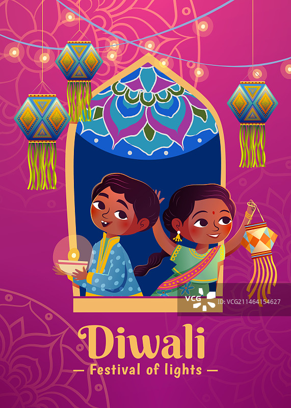 窗户前拿着油灯与灯笼的小孩排灯节海报图片素材