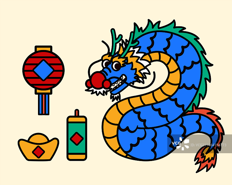 可爱卡通线条东方龙与春节装饰元素集合图片素材