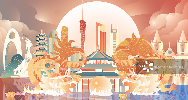 双龙戏珠广州建筑横版国风矢量插画图片素材