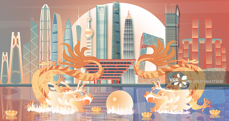 双龙戏珠北京建筑横版国风矢量插画图片素材