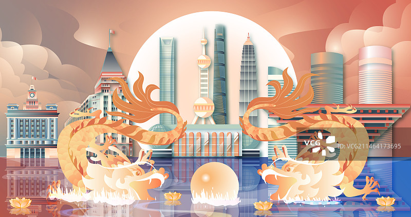 双龙戏珠北京建筑横版国风矢量插画图片素材