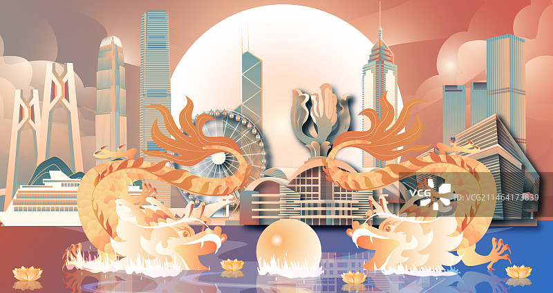 双龙戏珠北京建筑横版国风矢量插画图片素材