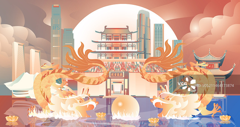 双龙戏珠北京建筑横版国风矢量插画图片素材