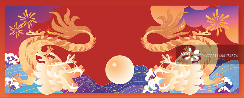 龙年中国风海浪双龙戏珠矢量插画图片素材