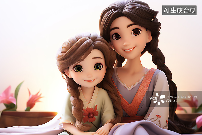 【AI数字艺术】妈妈和可爱的女儿家庭温馨的画面3D形象图片素材