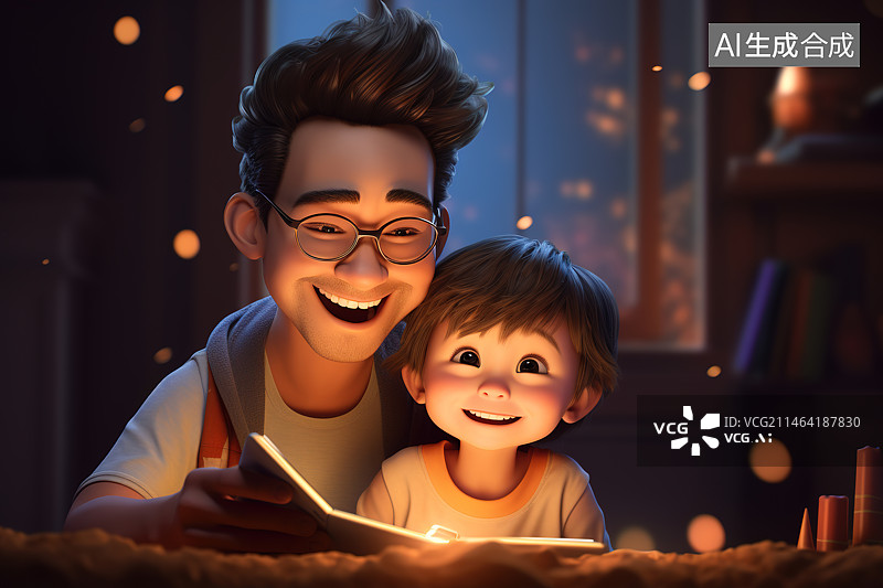 【AI数字艺术】父亲带着儿子一起看书插画家庭教育图片素材