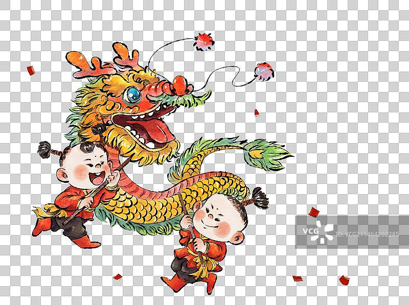 手绘水墨两个儿童舞龙免抠元素图片素材
