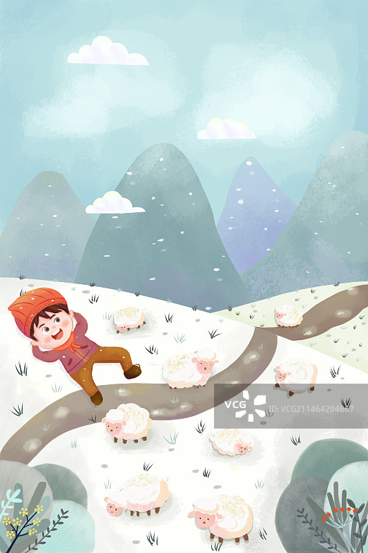 儿童插画 冬天下雪 儿童插画 放羊插画图片素材