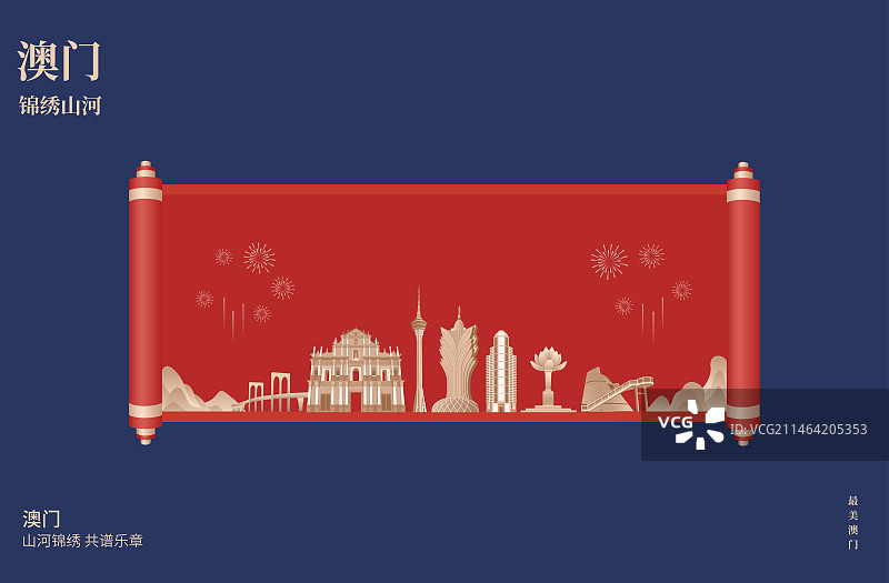 卷轴与澳门矢量插画海报设计模板，打开的澳门上面是贵阳山水图，新年高端企业宣传年会年终盛典春节晚会图片素材