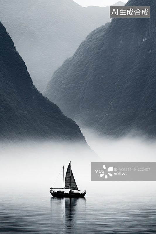 【AI数字艺术】峡谷雾气中的渔船图片素材