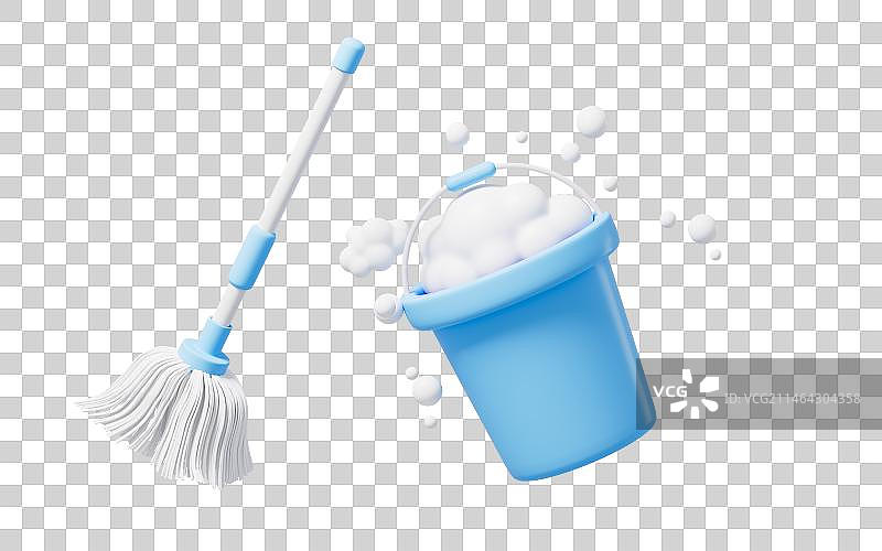卡通拖把与水桶3D渲染图片素材