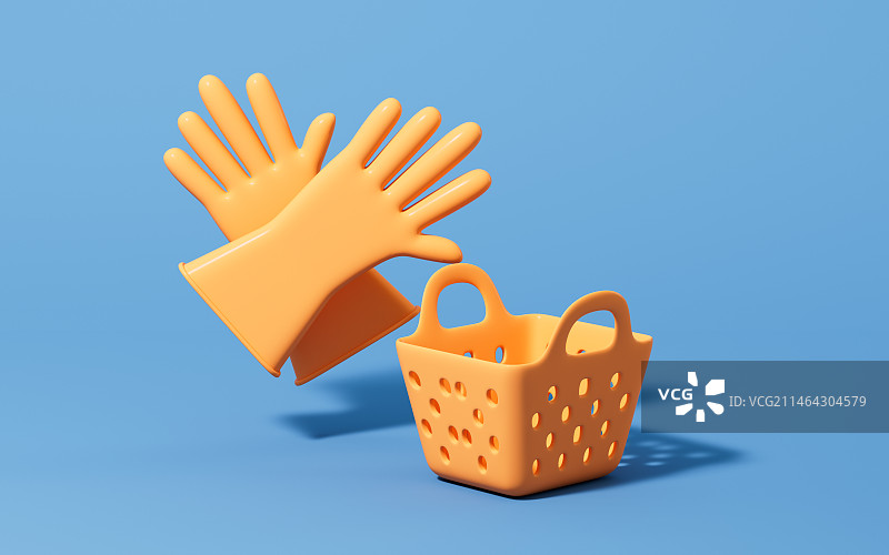 卡通橡胶手套和洗衣篮子3D渲染图片素材