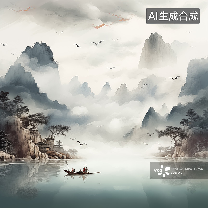 【AI数字艺术】中国传统水墨画插图图片素材