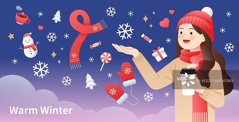 冬季下雪天里拿着杯子热饮奶茶咖啡的年轻女孩快乐伸手迎接暖冬和雪人围巾礼物等图标节日节气卡通插画海报图片素材