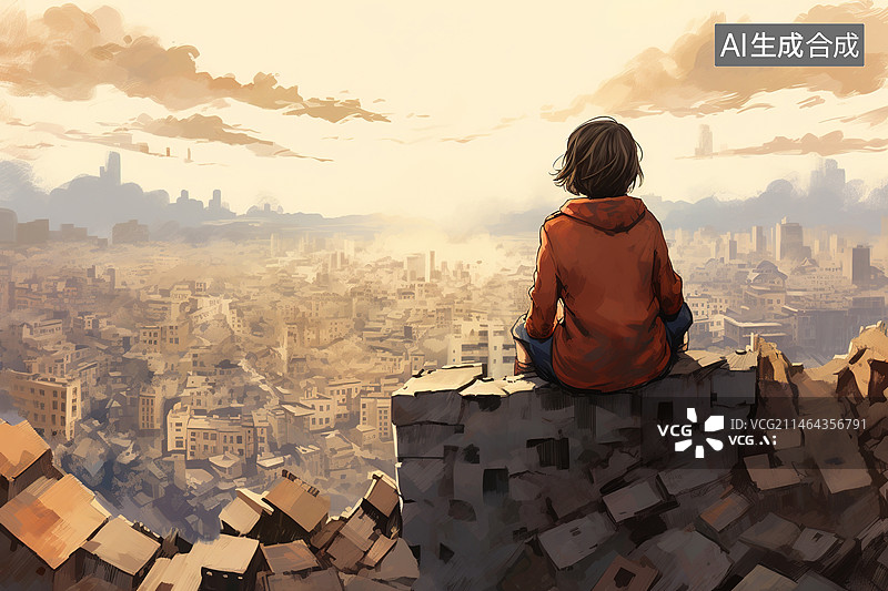 【AI数字艺术】孩子的背景和战后的城市图片素材