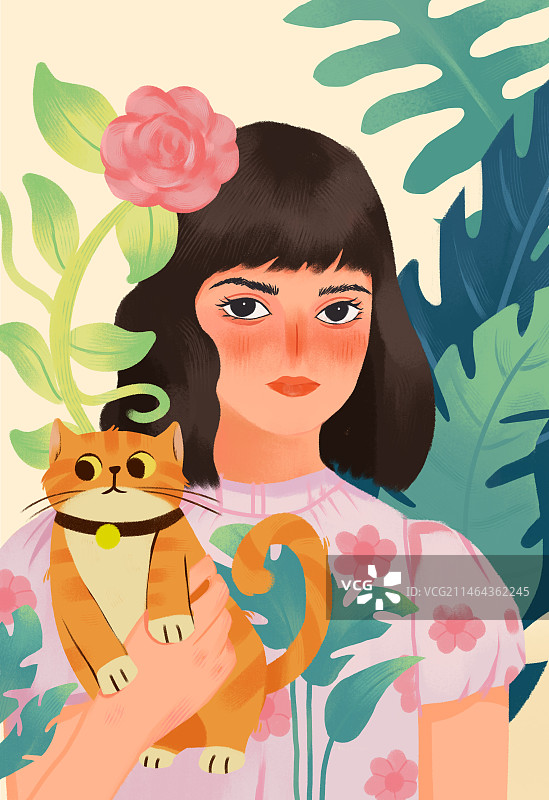 女孩抱着橘猫图片素材