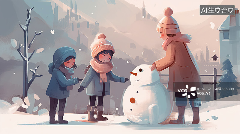 【AI数字艺术】冬天母亲带着孩子堆雪人插图图片素材