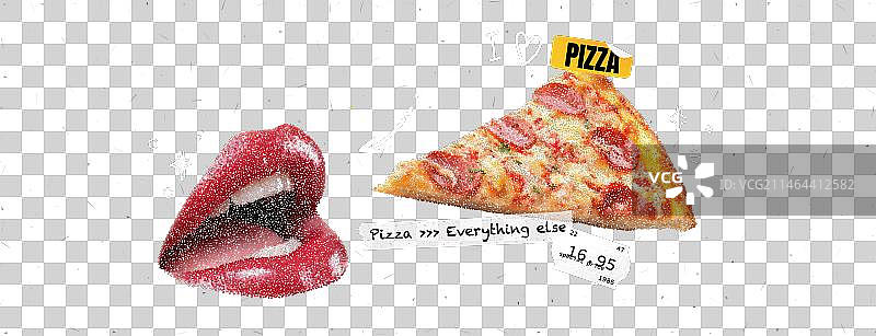 一个女人张着嘴的垃圾拼贴画和披萨图片素材