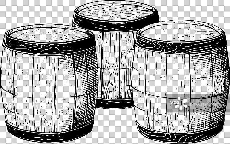 手绘橡木桶素描雕刻图片素材