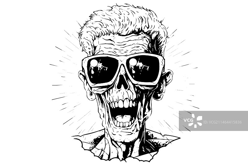 戴太阳镜或脸部墨水素描的僵尸头图片素材