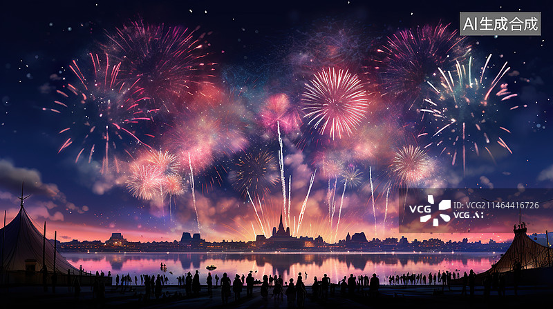 【AI数字艺术】烟花晚会之夜人群剪影插画图片素材