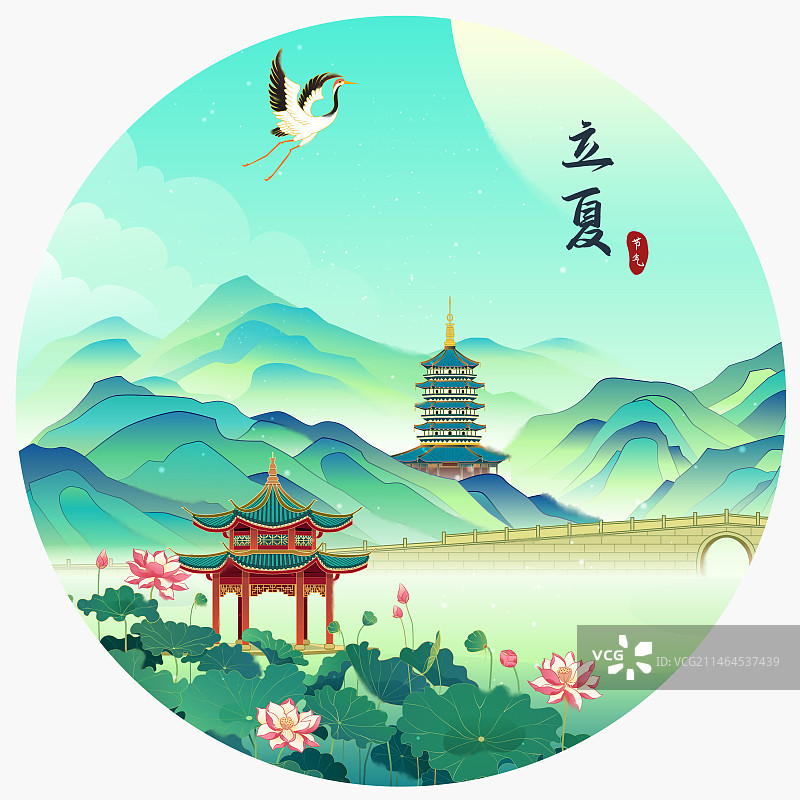 西湖夏天荷花古建筑中国风插画图片素材