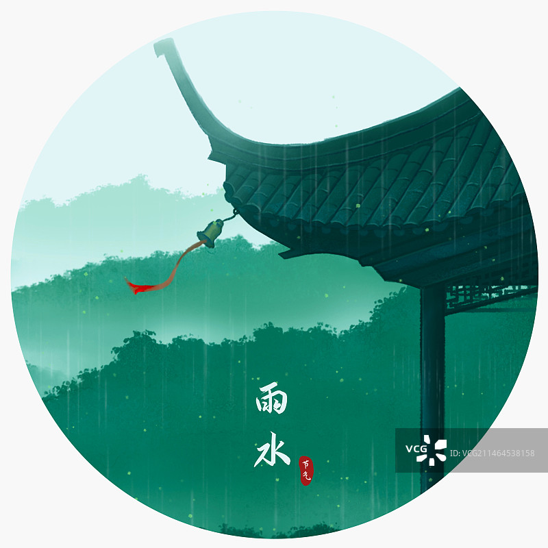 古亭下雨中国风插画图片素材