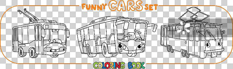 有趣的带眼睛的小城市交通工具涂色书图片素材