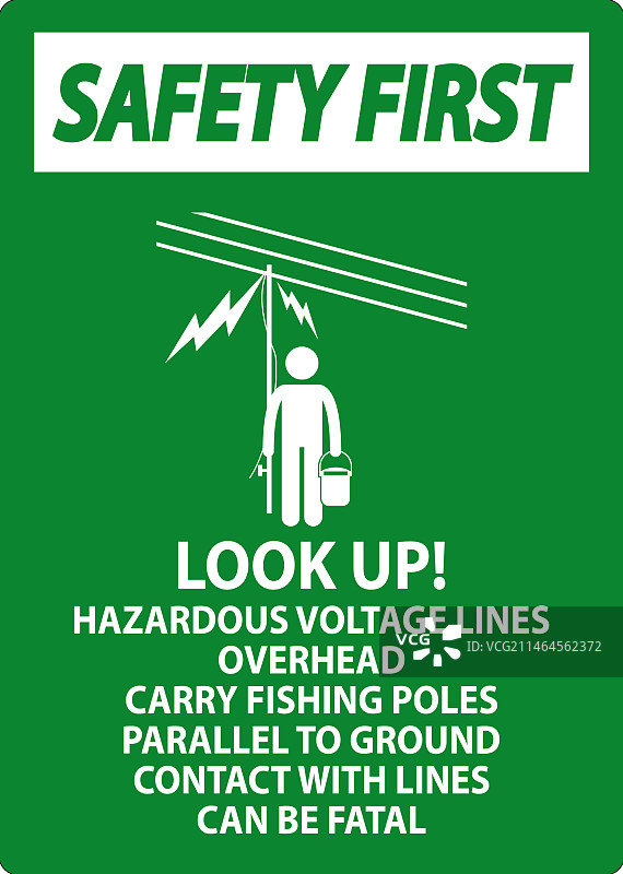 安全第一标志：注意上方危险电压线图片素材