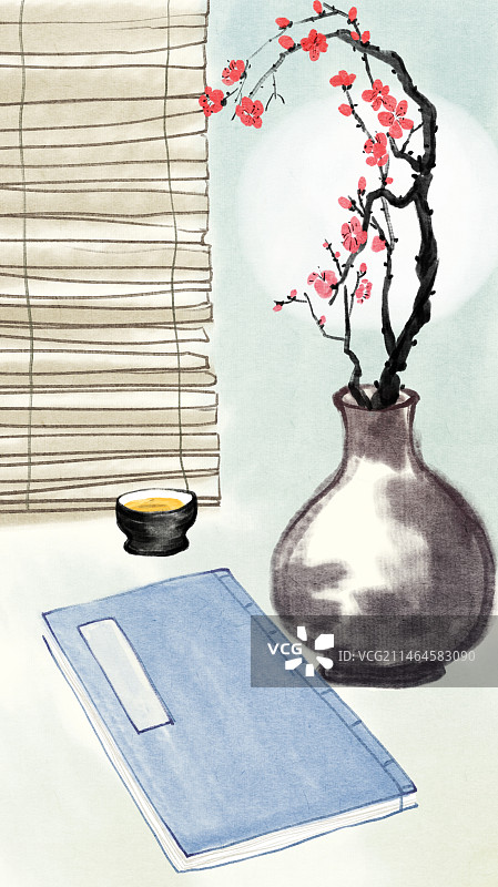 水墨古风静物书与花瓶梅花月色风景插画图片素材