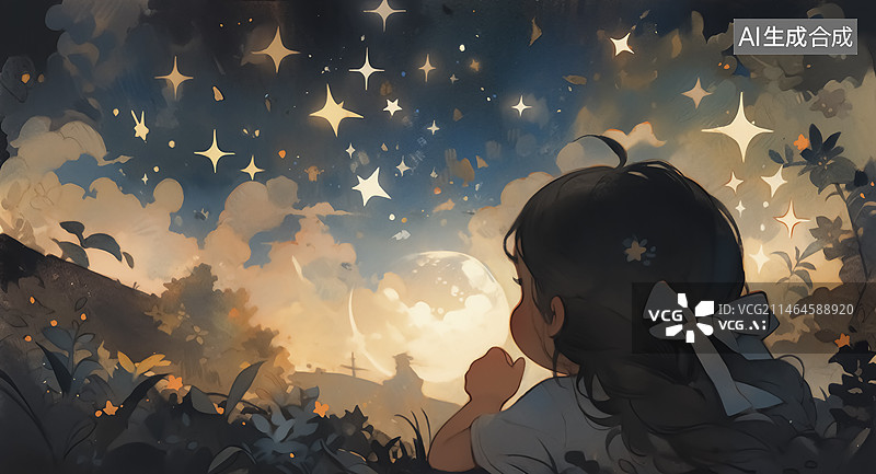【AI数字艺术】女生和星星插画图片素材