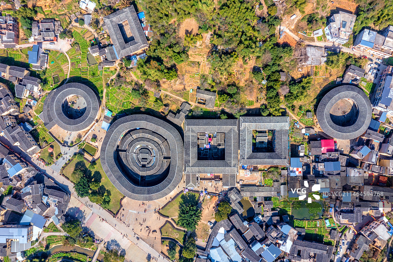 中国福建龙岩永定高北土楼群航拍图片素材