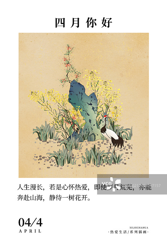 2024中国风应季蔬菜水果风景日历插画 台历海报模版 四月-假山旁边的兰花和油菜花图片素材
