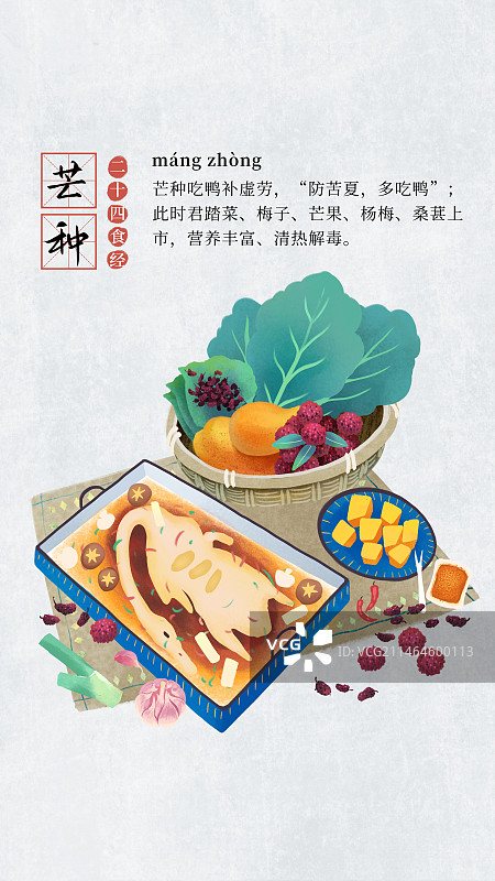 二十四节气饮食习俗插画模板海报，竖版，芒种，鸭肉，芒果，君踏菜，杨梅，桑葚。图片素材