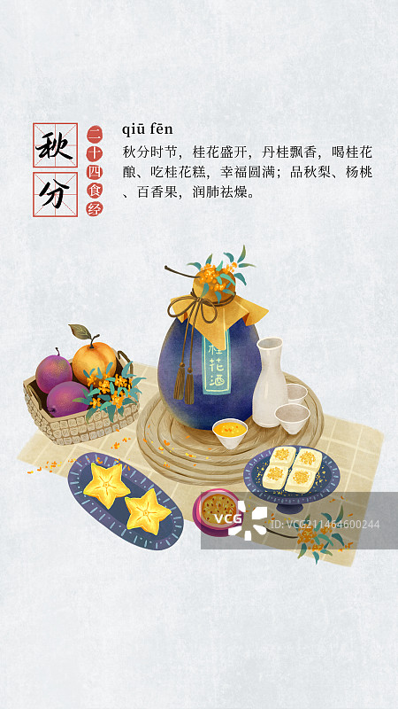 二十四节气饮食习俗插画模板海报，竖版，秋分，桂花，桂花酒，桂花糕，杨梅，百香果。图片素材