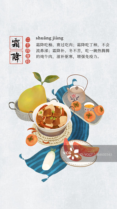 二十四节气饮食习俗插画模板海报，竖版，霜降，牛肉，柚子，柿子，茶。图片素材