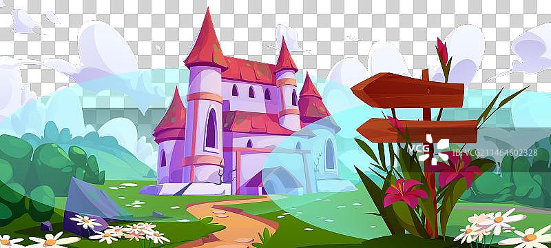 绿色夏日风景中的童话城堡图片素材