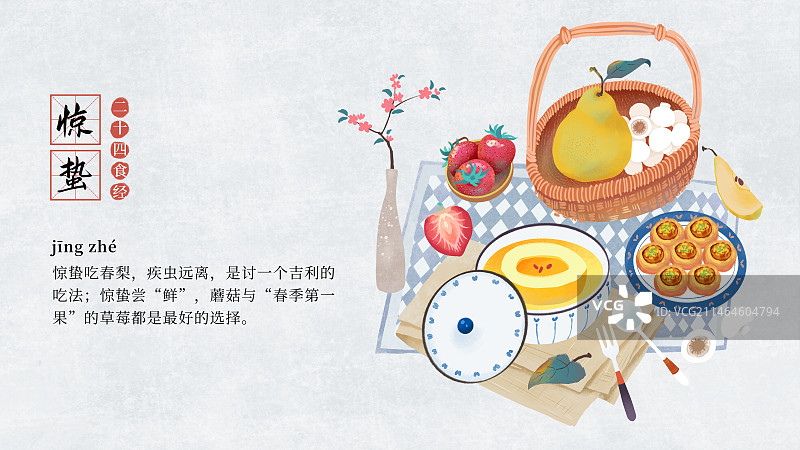 二十四节气饮食习俗插画模板海报，横版，惊蛰，梨，冰糖炖雪梨，草莓，蘑菇。图片素材