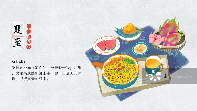二十四节气饮食习俗插画模板海报，横版，夏至，夏至面，凉面，西瓜，火龙果，粽子。图片素材