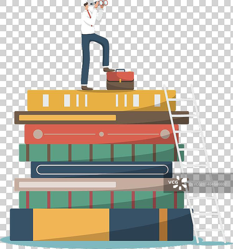 男人站在书上用双筒望远镜观察图片素材