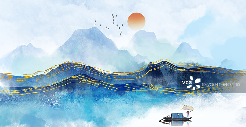 蓝色新中式山水画背景图片素材