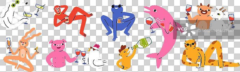 可爱快乐的动物饮酒套装图片素材